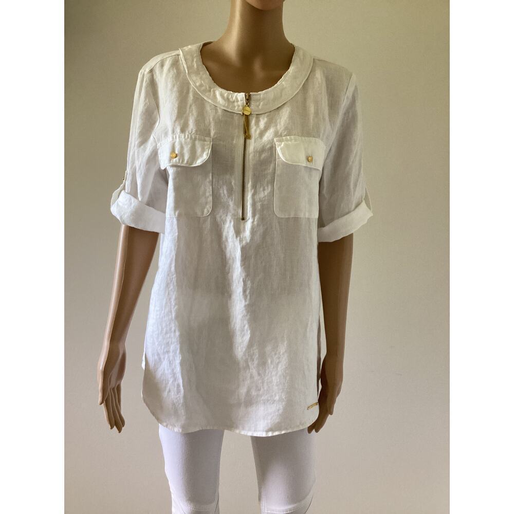 Ellen Tracy white 100% linen round neckline quarter-zip closure‎ gold accents M